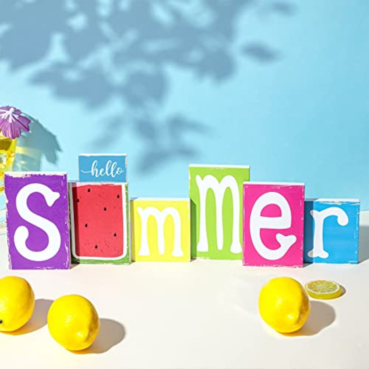 7 Pieces Summer Table Decorations Summer Wooden Sign Decorations for Home Rustic Wood Block Sign Tiered Tray Decor for Kitchen Shelf Home Farmhouse Seasonal Decor(Rustic Style)